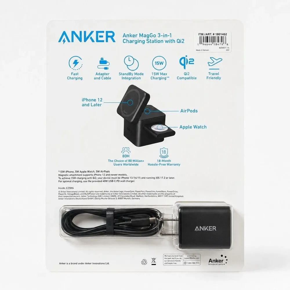 Anker MagGo 3-in-1 Charging Station Qi2 Wireless Magnetic iPhone Apple Watch Air